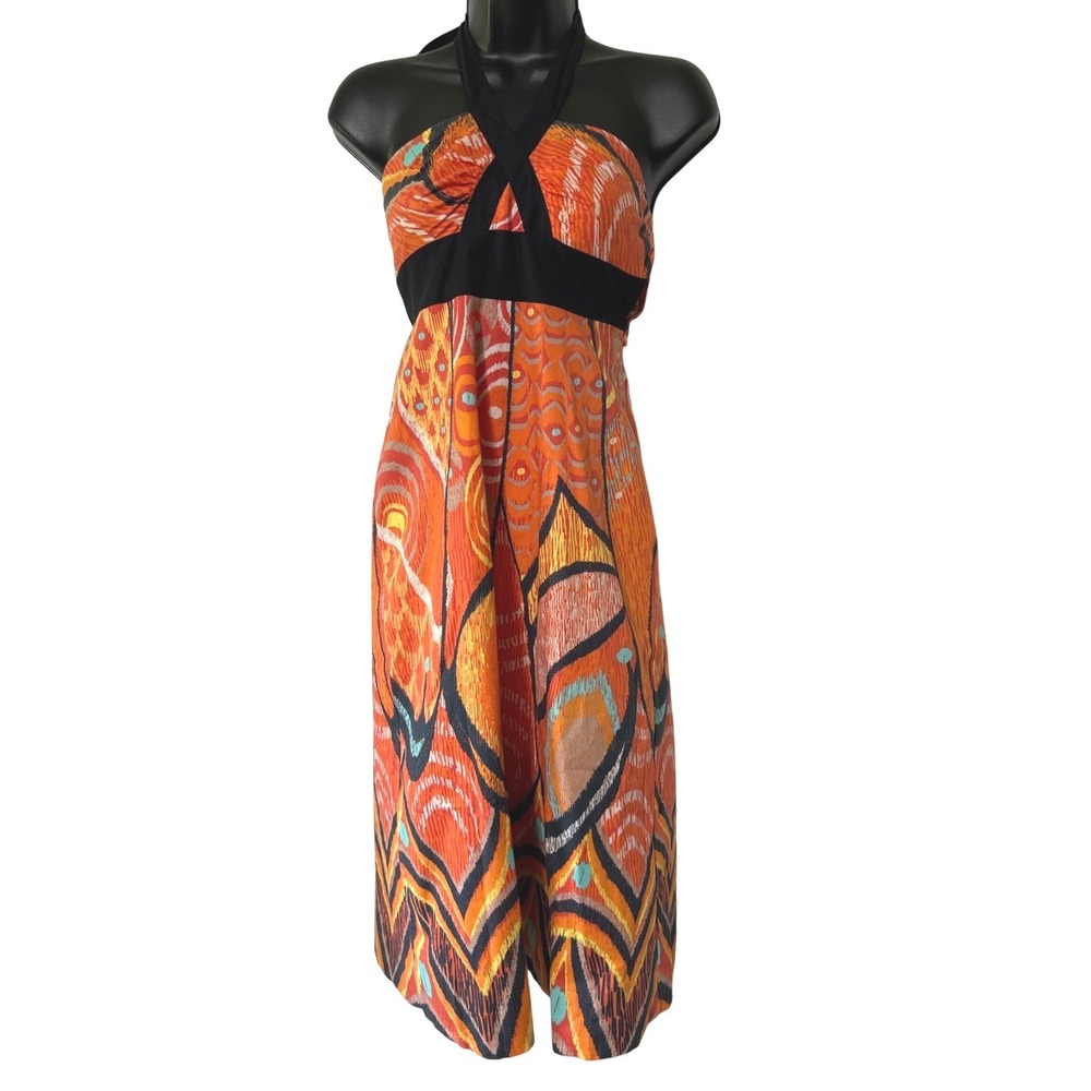 Anthropologie Maeve Orange Black Abstract Peacock Halter Midi Dress Size 0